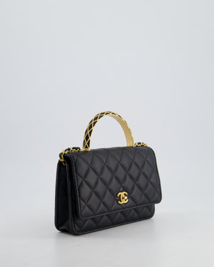 *HOT* Chanel Black Wallet on Chain Bag with Metal Quilted Top Handle in Lambskin Leather with Gold Hardware
