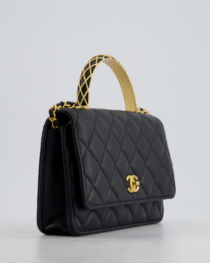 *HOT* Chanel Black Wallet on Chain Bag with Metal Quilted Top Handle in Lambskin Leather with Gold Hardware