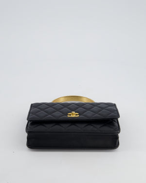 *HOT* Chanel Black Wallet on Chain Bag with Metal Quilted Top Handle in Lambskin Leather with Gold Hardware