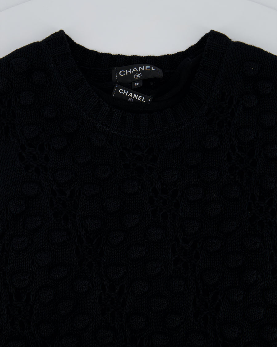 Chanel 17/P Black Crochet Mini Sleeveless Dress with CC Logo Button and Pocket Detail Size FR 36 (UK 8) RRP £2,880