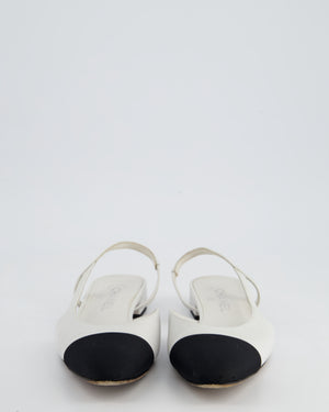 Chanel White Leather Flat Slingback Shoes with Silver CC Detail Size 38C