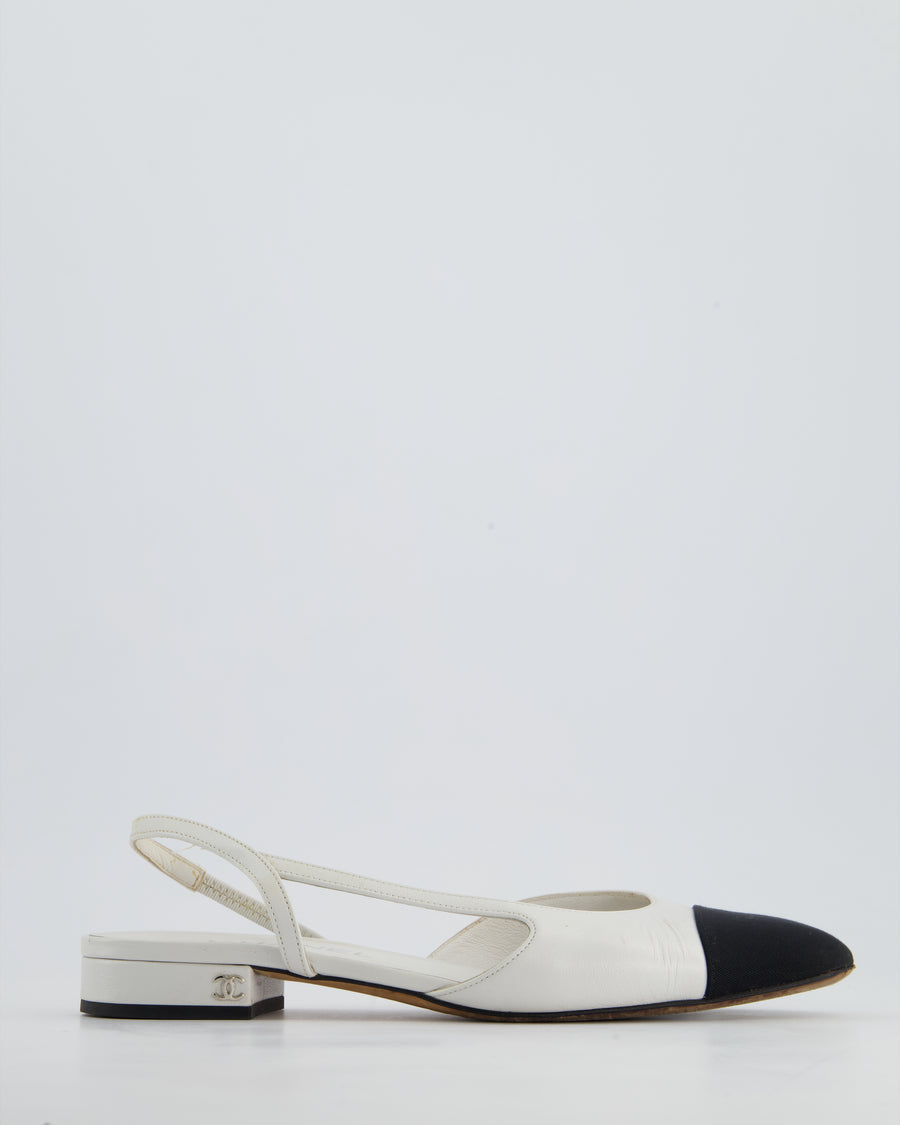 Chanel White Leather Flat Slingback Shoes with Silver CC Detail Size 38C