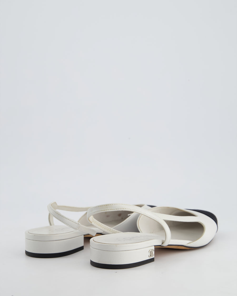 Chanel White Leather Flat Slingback Shoes with Silver CC Detail Size 38C