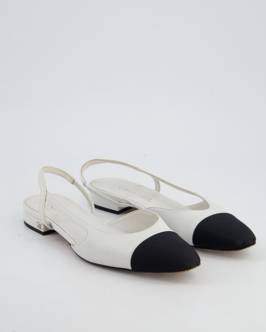 Chanel White Leather Flat Slingback Shoes with Silver CC Detail Size 38C