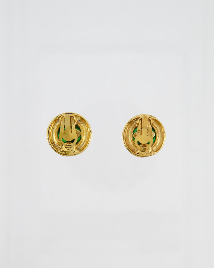 Chanel Vintage Gold and Green Round CC Textured Earrings