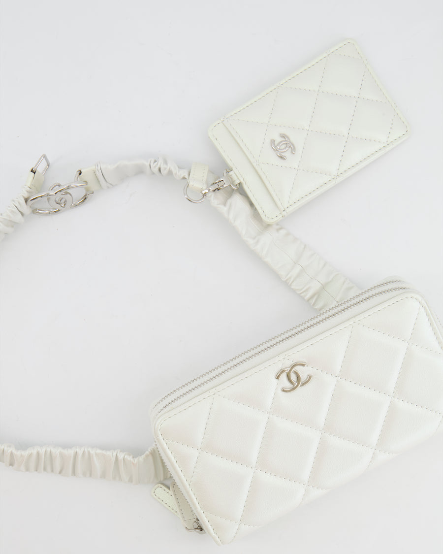 *HOT* Chanel Coco Neige White Pearlescent Lambskin Belt Bag with Silver Hardware