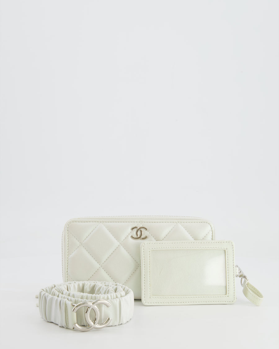 *HOT* Chanel Coco Neige White Pearlescent Lambskin Belt Bag with Silver Hardware