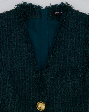Balmain Green Sleeveless Tweed button Down V-Neck Mini Dress Size FR 38 (UK 10)