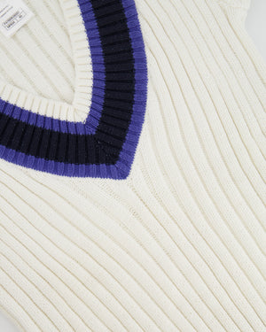 Chanel White, Black and Navy V Neck Knit Jumper with CC Button Details Size FR 40 (UK 12)
