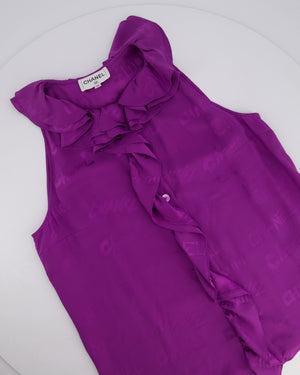 Chanel 22P Purple Silk Sleeveless Button Down Top with Ruffle Neckline and Logo Detail Size FR 38 (UK 10)
