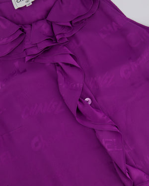 Chanel 22P Purple Silk Sleeveless Button Down Top with Ruffle Neckline and Logo Detail Size FR 38 (UK 10)