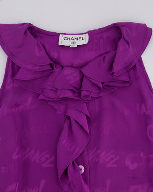 Chanel 22P Purple Silk Sleeveless Button Down Top with Ruffle Neckline and Logo Detail Size FR 38 (UK 10)