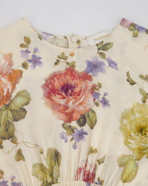 Zimmermann Beige Viscose Short-Sleeve Floral Midi Dress with Ruffle Details Size 0 (UK 8)