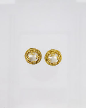 Chanel Vintage 95A Gold and Pearl Round CC Logo Textured Earrings