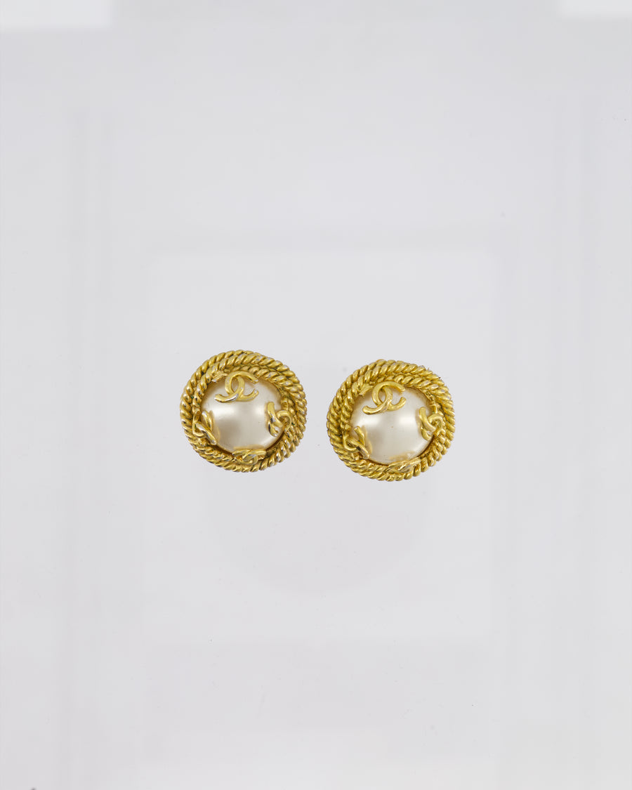 Chanel Vintage 95A Gold and Pearl Round CC Logo Textured Earrings