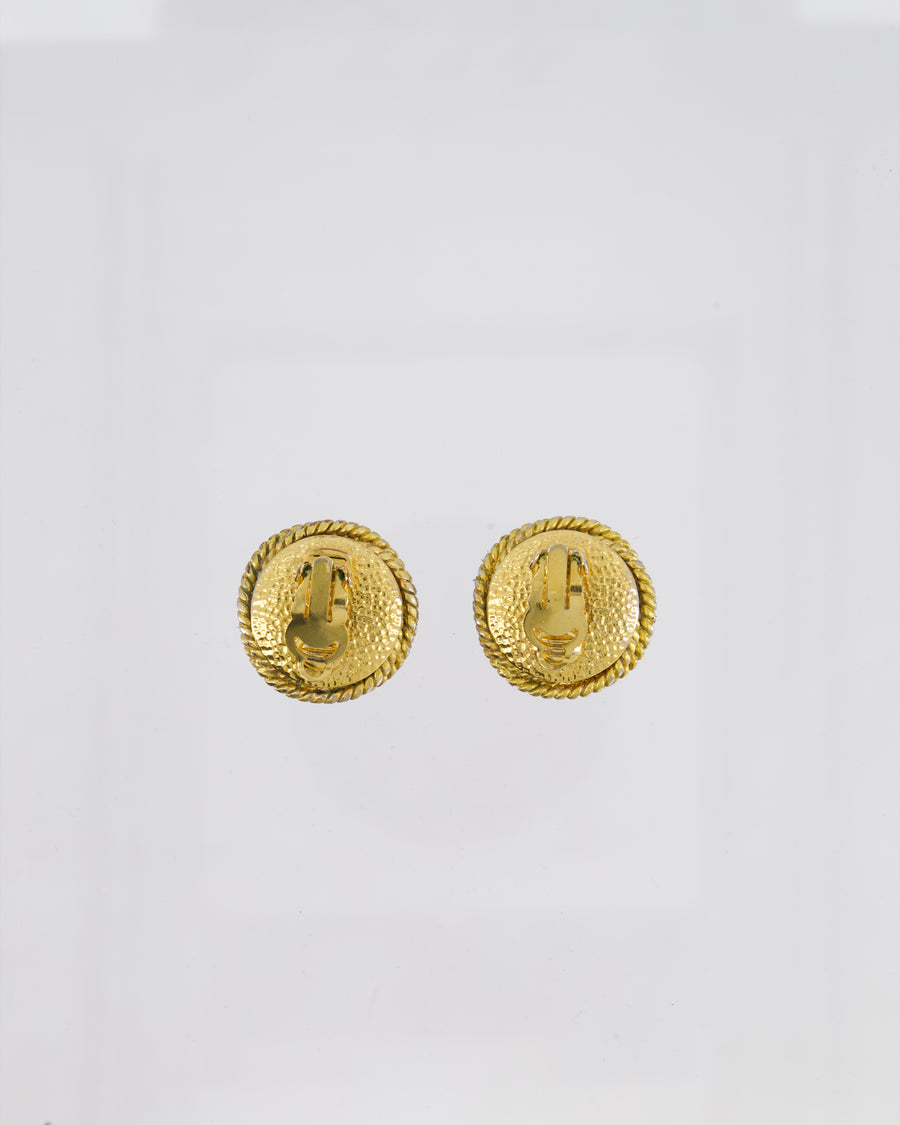 Chanel Vintage 95A Gold and Pearl Round CC Logo Textured Earrings