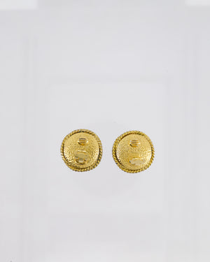 Chanel Vintage 95A Gold and Pearl Round CC Logo Textured Earrings