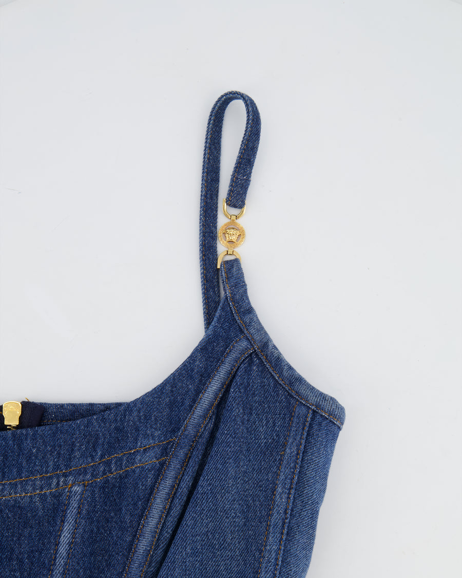 Versace Blue Denim Corset Bustier Top with Gold Medusa Details Size IT 42 (UK 10)
