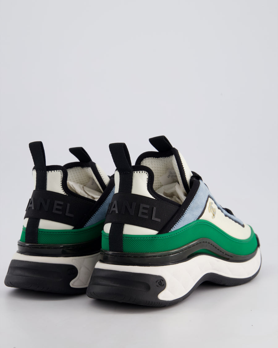 Chanel Black, White, Green and Blue Fabric and Leather Trainers with Black Soles and Silver CC Logo Size EU 40