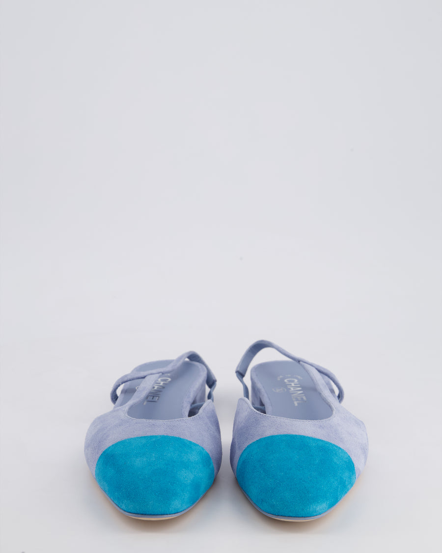 Chanel Baby Blue Suede Leather Flat Slingback Shoes with Silver CC Detail Size 39.5C