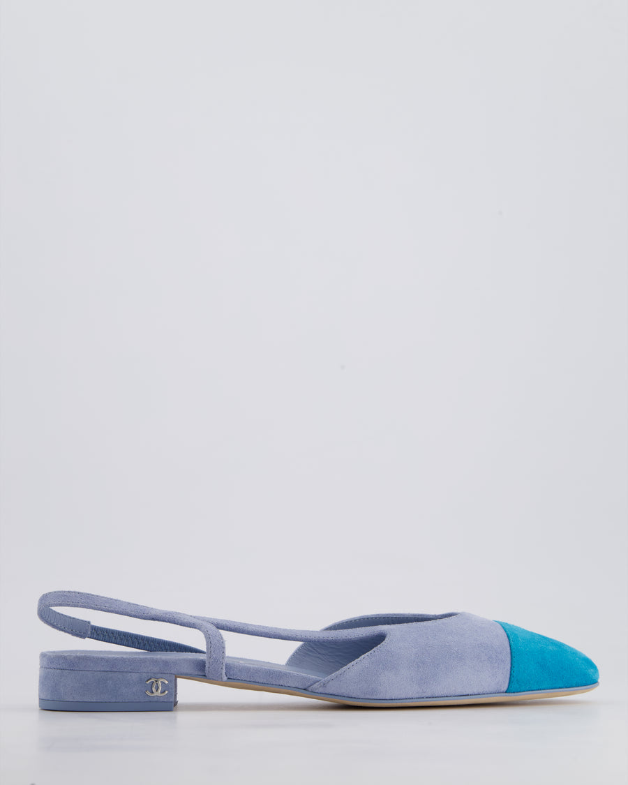 Chanel Baby Blue Suede Leather Flat Slingback Shoes with Silver CC Detail Size 39.5C