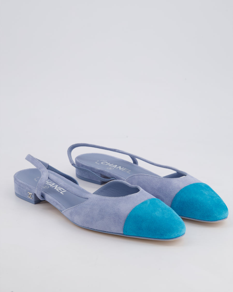 Chanel Baby Blue Suede Leather Flat Slingback Shoes with Silver CC Detail Size 39.5C