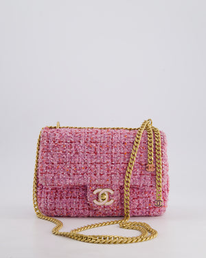 Chanel Pink & Lilac Tweed Seasonal Single Flap Bag with Brushed Gold Hardware & Pink CC Logo