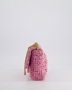 Chanel Pink & Lilac Tweed Seasonal Single Flap Bag with Brushed Gold Hardware & Pink CC Logo