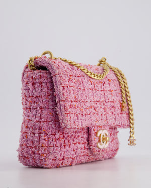 Chanel Pink & Lilac Tweed Seasonal Single Flap Bag with Brushed Gold Hardware & Pink CC Logo