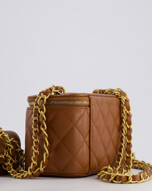 *HOT* Chanel Caramel Vanity Case Bag in Caviar Leather with Antique Gold Hardware and Airpods Case Detail