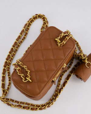 *HOT* Chanel Caramel Vanity Case Bag in Caviar Leather with Antique Gold Hardware and Airpods Case Detail
