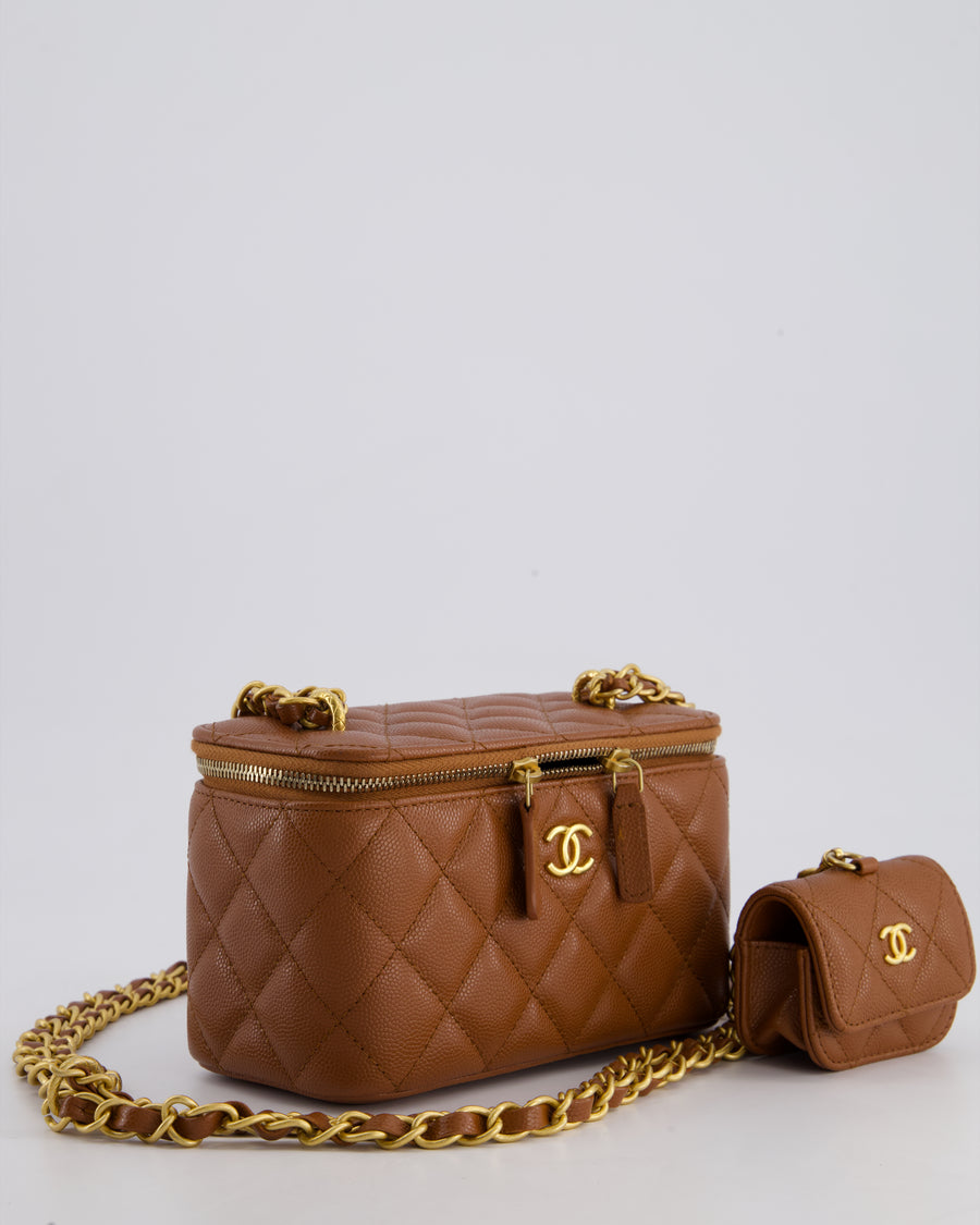 *HOT* Chanel Caramel Vanity Case Bag in Caviar Leather with Antique Gold Hardware and Airpods Case Detail