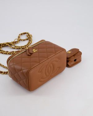 *HOT* Chanel Caramel Vanity Case Bag in Caviar Leather with Antique Gold Hardware and Airpods Case Detail