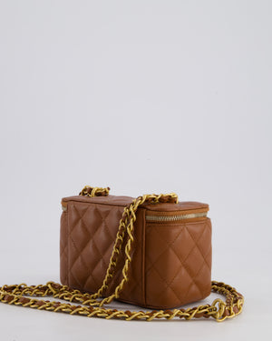 *HOT* Chanel Caramel Vanity Case Bag in Caviar Leather with Antique Gold Hardware and Airpods Case Detail