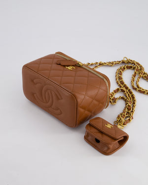 *HOT* Chanel Caramel Vanity Case Bag in Caviar Leather with Antique Gold Hardware and Airpods Case Detail