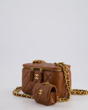 *HOT* Chanel Caramel Vanity Case Bag in Caviar Leather with Antique Gold Hardware and Airpods Case Detail