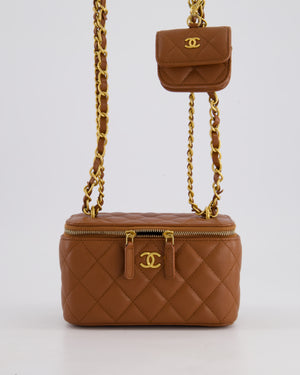 *HOT* Chanel Caramel Vanity Case Bag in Caviar Leather with Antique Gold Hardware and Airpods Case Detail