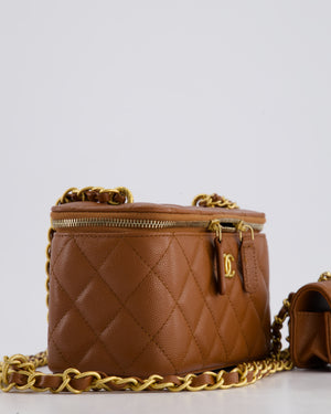 *HOT* Chanel Caramel Vanity Case Bag in Caviar Leather with Antique Gold Hardware and Airpods Case Detail