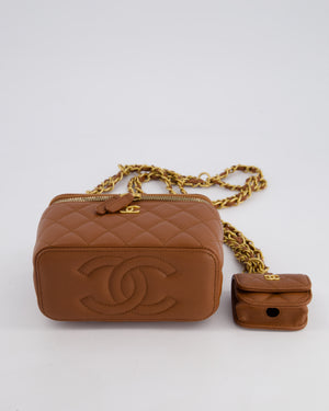 *HOT* Chanel Caramel Vanity Case Bag in Caviar Leather with Antique Gold Hardware and Airpods Case Detail