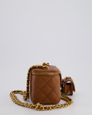 *HOT* Chanel Caramel Vanity Case Bag in Caviar Leather with Antique Gold Hardware and Airpods Case Detail