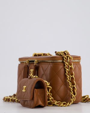 *HOT* Chanel Caramel Vanity Case Bag in Caviar Leather with Antique Gold Hardware and Airpods Case Detail