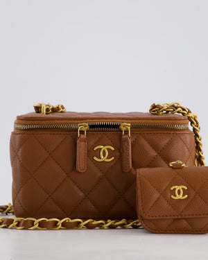 *HOT* Chanel Caramel Vanity Case Bag in Caviar Leather with Antique Gold Hardware and Airpods Case Detail