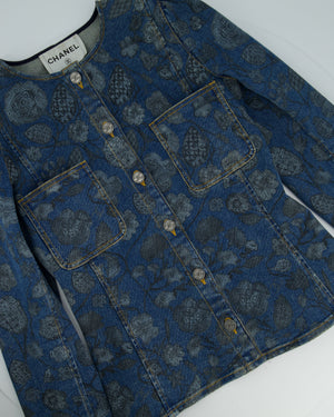 Chanel 21/A Flower Printed Denim Jacket with Silver CC Button Details Size FR 38 (UK 10)