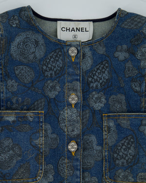 Chanel 21/A Flower Printed Denim Jacket with Silver CC Button Details Size FR 38 (UK 10)