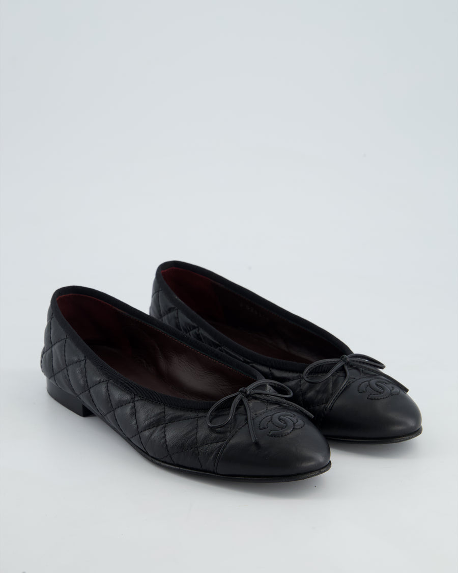 Chanel Black Leather Ballet Flats with CC Logo Detail Size EU 37