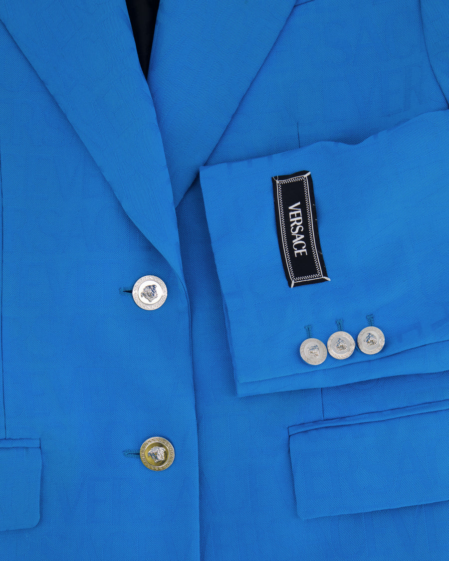 Versace Blue Blazer Jacket with Logo Prints and Silver Medusa Buttons Size IT 36 (UK 4)