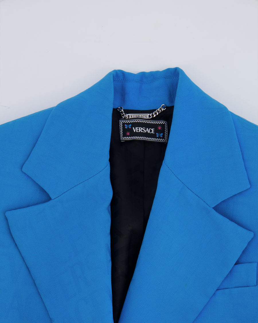 Versace Blue Blazer Jacket with Logo Prints and Silver Medusa Buttons Size IT 36 (UK 4)