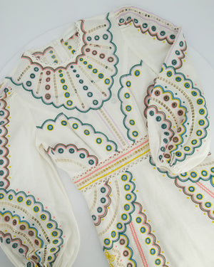 Zimmermann White Long Sleeve Embroidered Maxi Dress with Scalloped Hem Detail Size 0 (UK 8)
