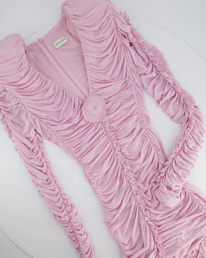 Magda Butrym Pink Long Sleeve Ruched Mini Dress with Rose Appliqué Detail Size FR 36 (UK 8)