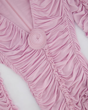 Magda Butrym Pink Long Sleeve Ruched Mini Dress with Rose Appliqué Detail Size FR 36 (UK 8)